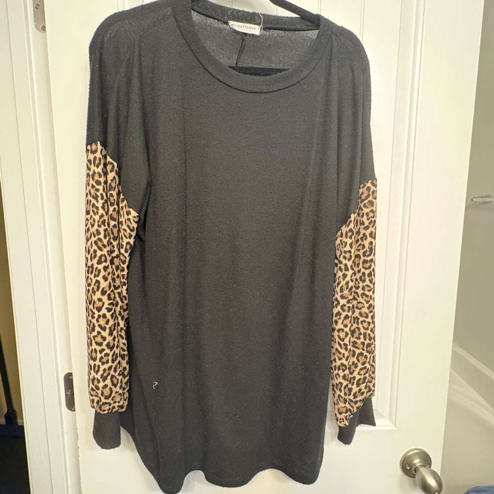 First Love Black Sweater with Leopard Print Sleeves